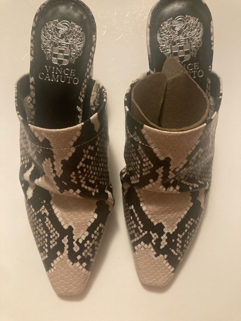 Vince Camuto Beige and Black Snake-Print Pointed Slide Mules